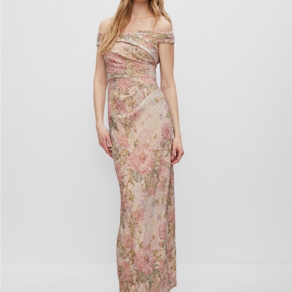 Adrianna Papell Pink Floral Off-Shoulder Maxi Dress